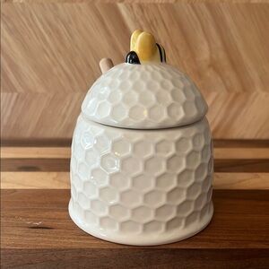 White Honeycomb Ceramic Jar with Bee Accent